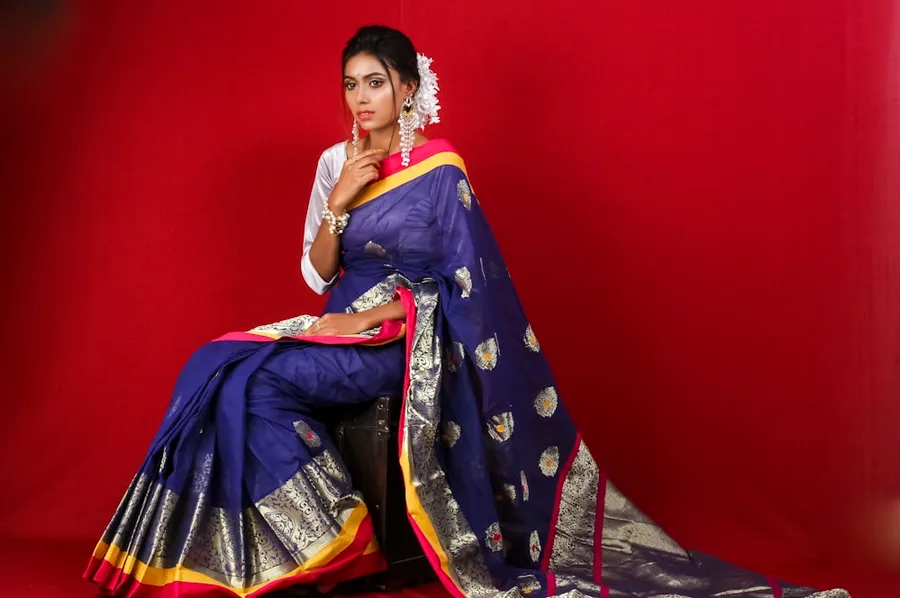 Indigo & Mustard Half-Sari Skirt Set