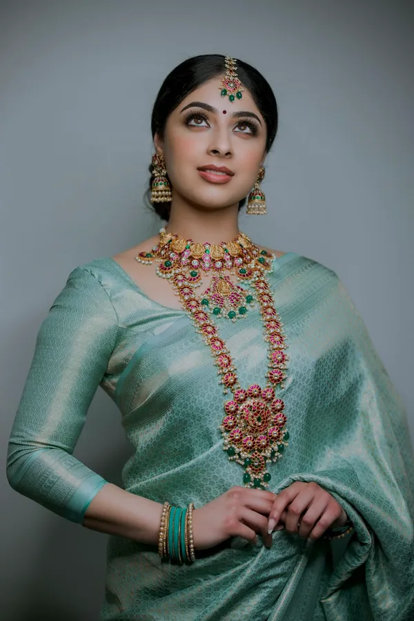 Kanjeevaram-Inspired Emerald Saree